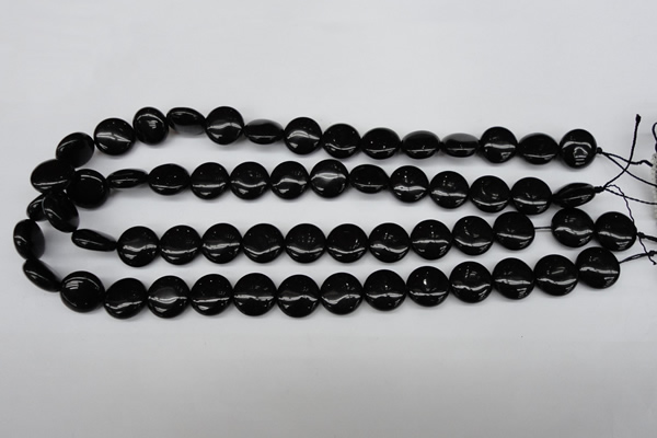 CAG4012 15.5 inches 14mm flat round black agate beads