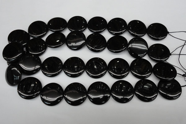 CAG4016 15.5 inches 25mm flat round black agate beads