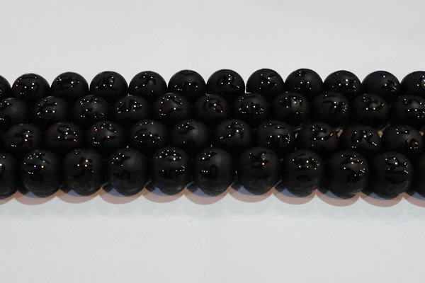 CAG6006 15.5 inches 16mm carved round matte black agate beads