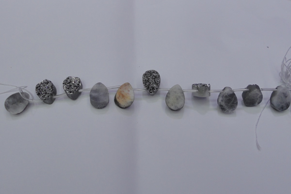 CAG7972 Top drilled 13*18mm flat teardrop plated white druzy agate beads