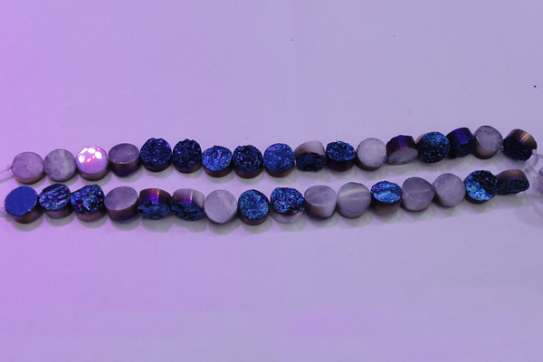 CAG8346 7.5 inches 12mm coin blue plated druzy agate beads