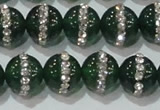 CAG8622 15.5 inches 12mm round green agate with rhinestone beads