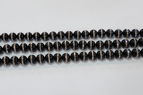 CAG8630 15.5 inches 8mm round black agate with rhinestone beads