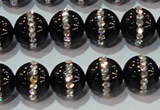 CAG8631 15.5 inches 10mm round black agate with rhinestone beads