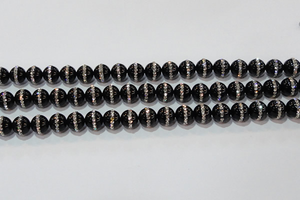CAG8631 15.5 inches 10mm round black agate with rhinestone beads