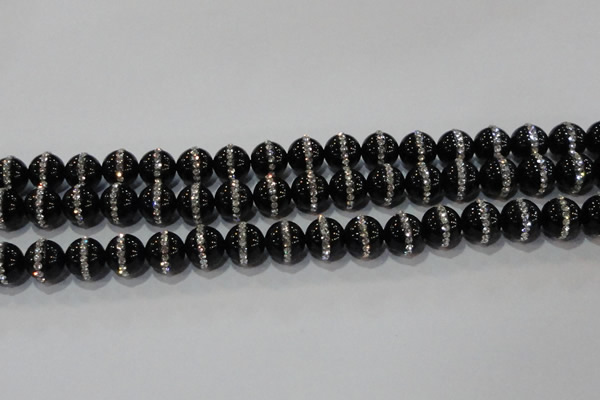 CAG8633 15.5 inches 14mm round black agate with rhinestone beads