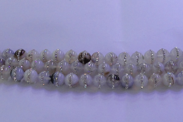 CAG8776 15.5 inches 8mm round agate with rhinestone beads
