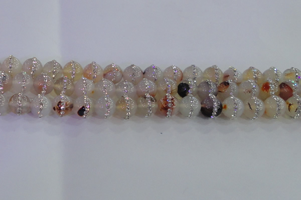 CAG8782 15.5 inches 10mm round agate with rhinestone beads