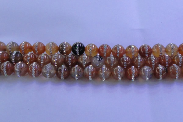CAG8798 15.5 inches 12mm round agate with rhinestone beads