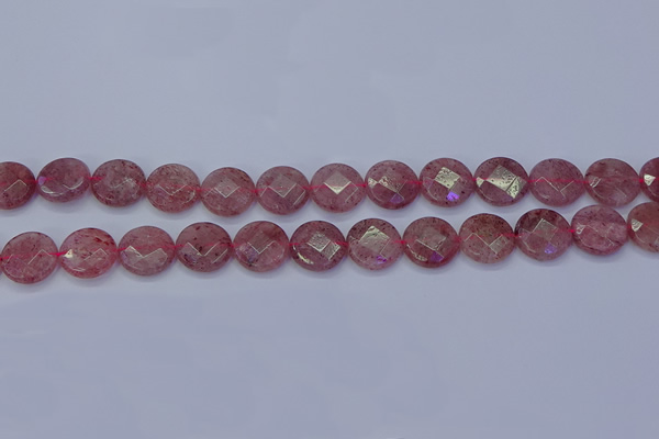 CBQ460 15.5 inches 12mm faceted coin strawberry quartz beads