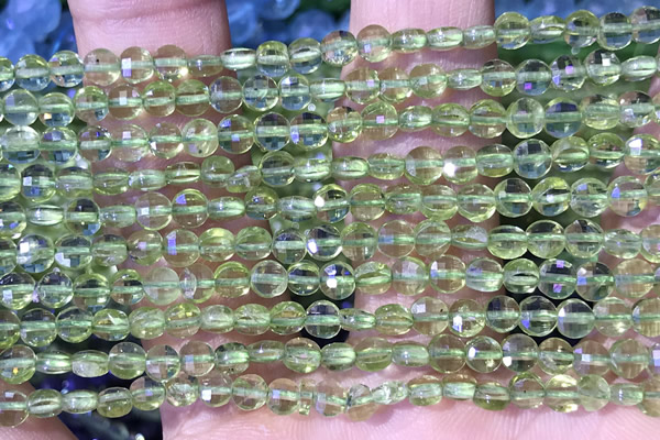 CCB1037 15 inches 4mm faceted coin peridot beads