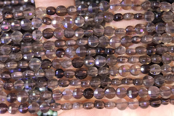 CCB1056 15 inches 4mm faceted coin smoky quartz beads