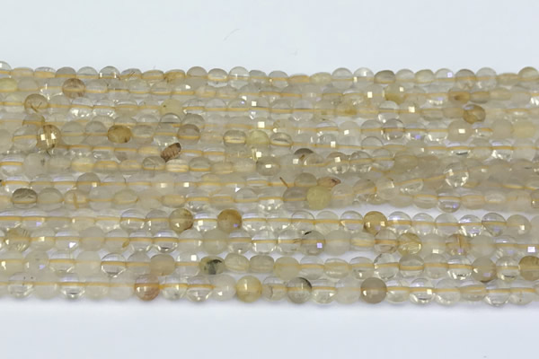 CCB1162 15 inches 4mm faceted coin golden rutilated beads