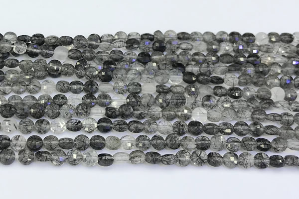 CCB1172 15 inches 4mm faceted coin black rutilated quartz beads