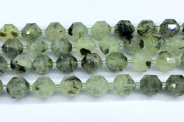 CCB1535 15 inches 11mm - 12mm faceted green rutilated quartz beads