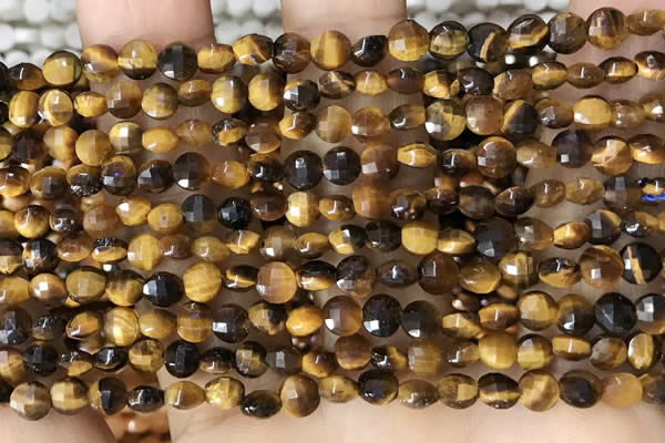 CCB555 15.5 inches 4mm faceted coin yellow tiger eye beads