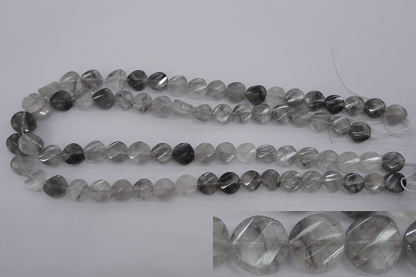 CCQ271 15.5 inches 10mm faceted & twisted coin cloudy quartz beads
