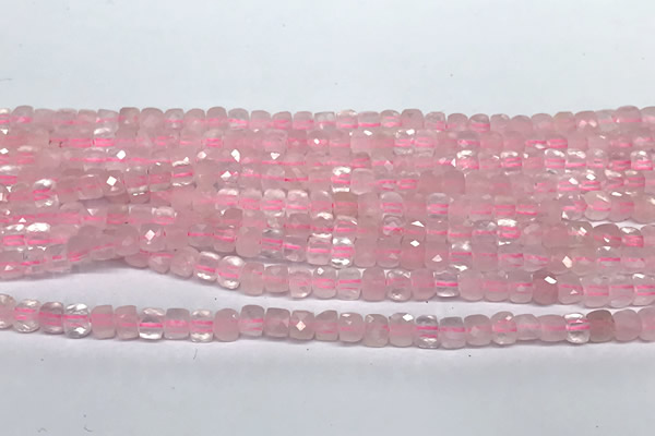 CCU1006 15 inches 4mm faceted cube rose quartz beads