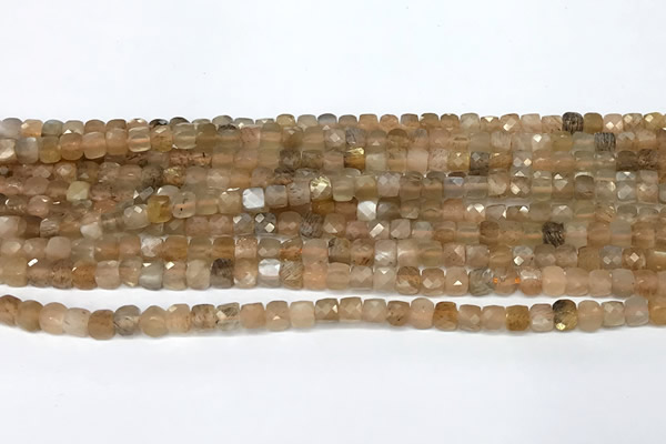CCU1011 15 inches 4mm faceted cube sunstone beads