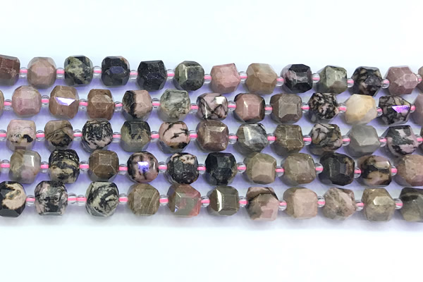 CCU1302 15 inches 9mm - 10mm faceted cube rhodonite beads