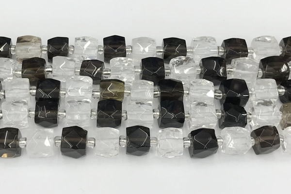CCU771 15 inches 10*10mm faceted cube white crystal & smoky quartz beads