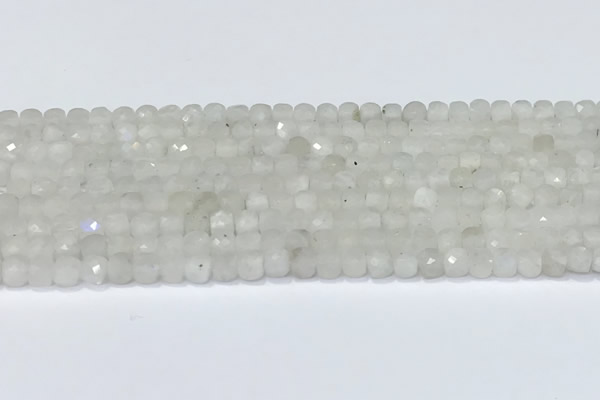 CCU830 15 inches 4mm faceted cube white moonstone beads