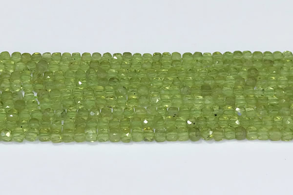 CCU836 15 inches 4mm faceted cube olive quartz beads