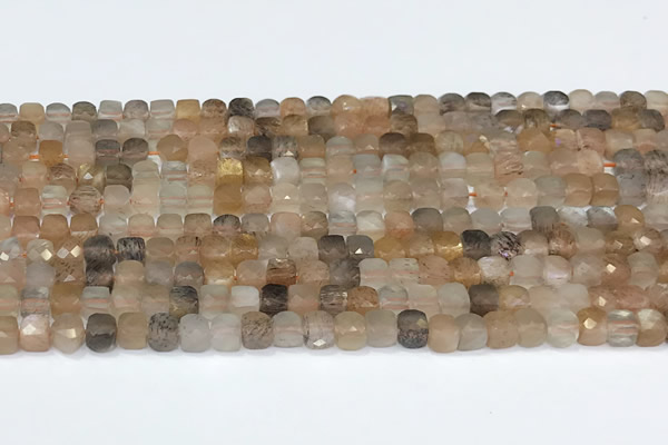 CCU837 15 inches 4mm faceted cube sunstone beads