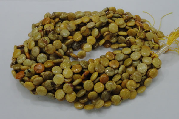 CFA41 15.5 inches 12mm flat round yellow chrysanthemum agate beads