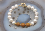 CFB1069 Hand-knotted 9mm - 10mm potato white freshwater pearl & wooden jasper bracelet