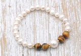 CFB618 6-7mm potato white freshwater pearl & yellow tiger eye stretchy bracelet