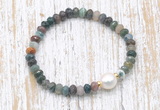 CFB724 faceted rondelle Indian agate & potato white freshwater pearl stretchy bracelet