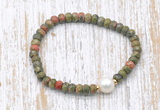 CFB757 faceted rondelle unakite & potato white freshwater pearl stretchy bracelet
