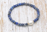 CFB772 faceted rondelle lapis lazuli & potato white freshwater pearl stretchy bracelet
