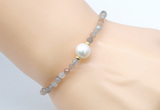 CFB803 4mm faceted round rainbow moonstone & potato white freshwater pearl bracelet