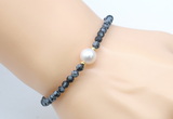 CFB829 4mm faceted round snowflake obsidian & potato white freshwater pearl bracelet