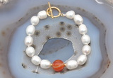CFB921 Hand-knotted 9mm - 10mm rice white freshwater pearl & red banded agate bracelet