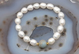 CFB925 9mm - 10mm rice white freshwater pearl & serpentine jasper stretchy bracelet