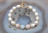 CFB936 Hand-knotted 9mm - 10mm rice white freshwater pearl & morganite bracelet