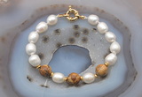 CFB950 Hand-knotted 9mm - 10mm rice white freshwater pearl & picture jasper bracelet