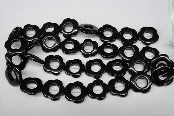 CFG260 15.5 inches 25mm carved flower black agate gemstone beads