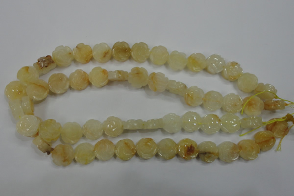 CFG882 15.5 inches 14mm carved flower yellow jade gemstone beads