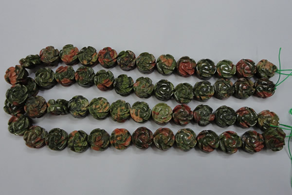 CFG891 15.5 inches 14mm carved flower unakite gemstone beads