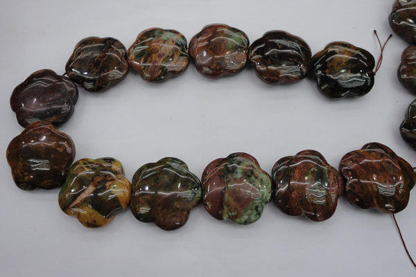 CFG941 15.5 inches 32*33mm carved flower green opal gemstone beads