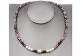 CFN216 4*6mm faceted rondelle rhodonite & potato white freshwater pearl necklace