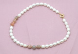 CFN337 9 - 10mm rice white freshwater pearl & rainbow moonstone necklace wholesale