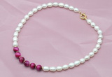 CFN410 9-10mm rice white freshwater pearl & red tiger eye necklace