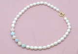 CFN415 9 - 10mm rice white freshwater pearl & morganite necklace