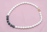 CFN439 9 - 10mm rice white freshwater pearl & snowflake obsidian necklace