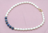 CFN451 9 - 10mm rice white freshwater pearl & dumortierite gemstone necklace